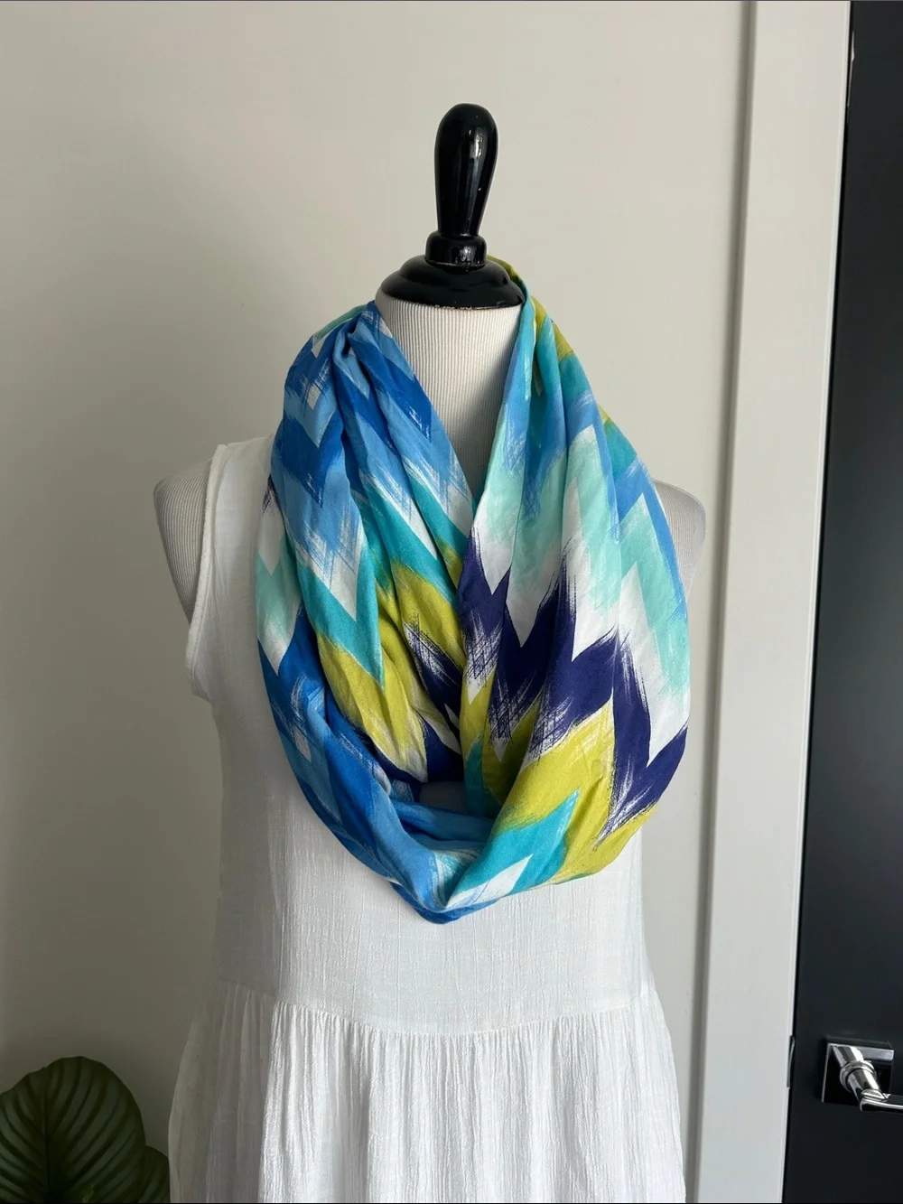 Colorful infinity scarf purple yellow blue turquoise white